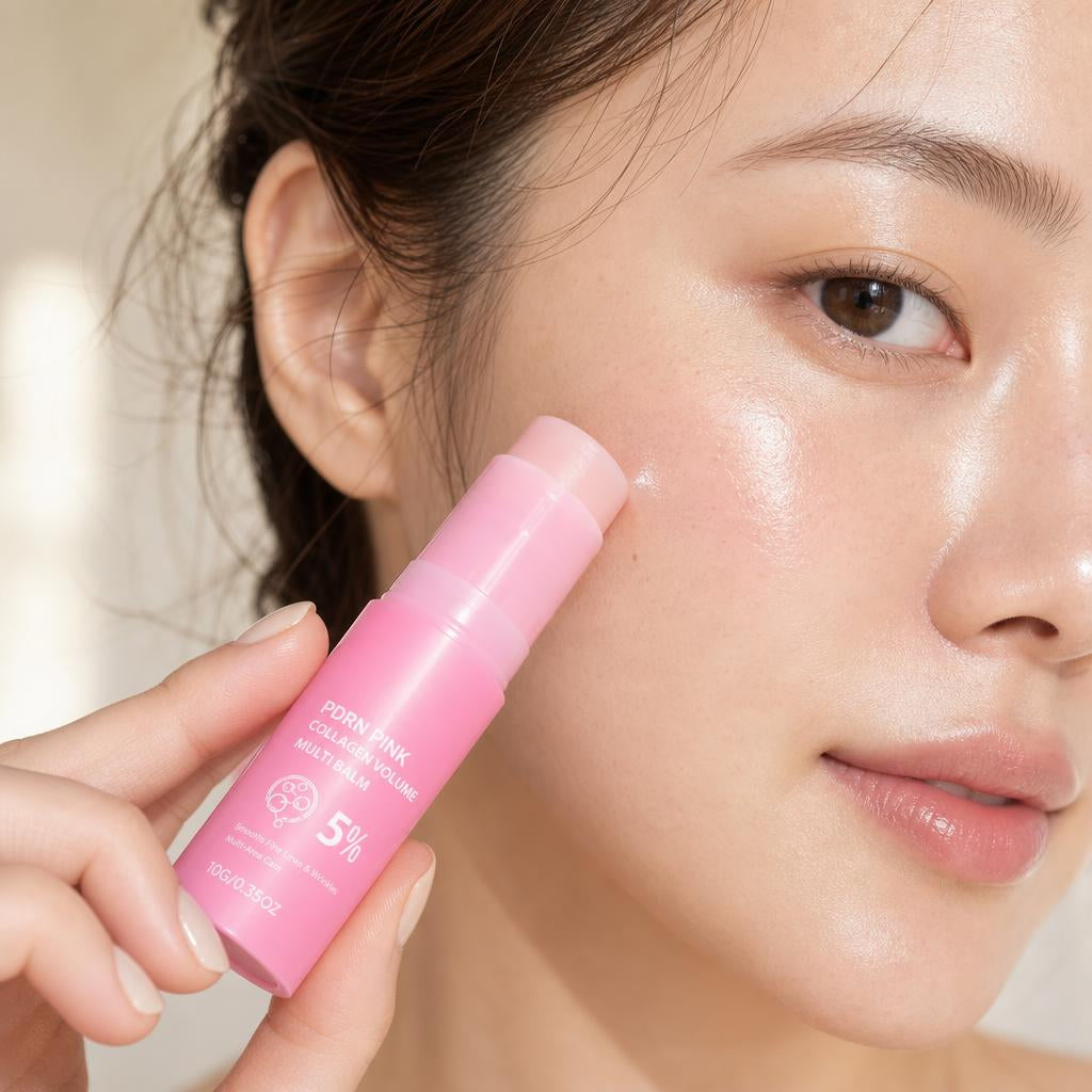 Woman gliding the Pink Balm stick along her cheekbone, glowy skin