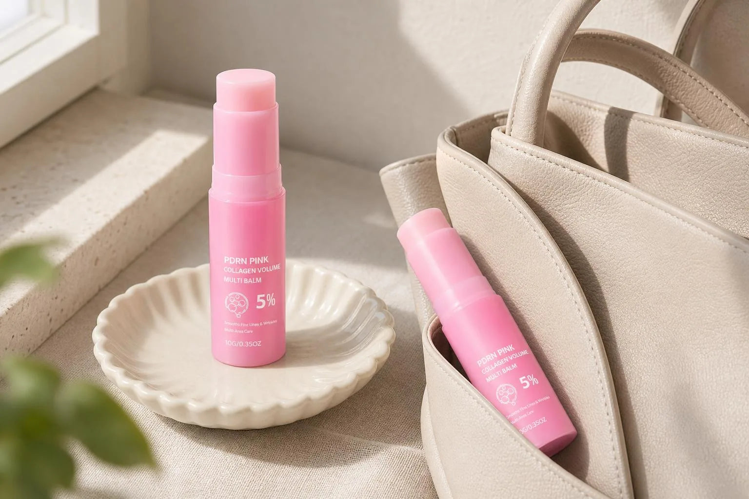 Two Volée Pink Balm sticks, one on a vanity and one beside a tote bag