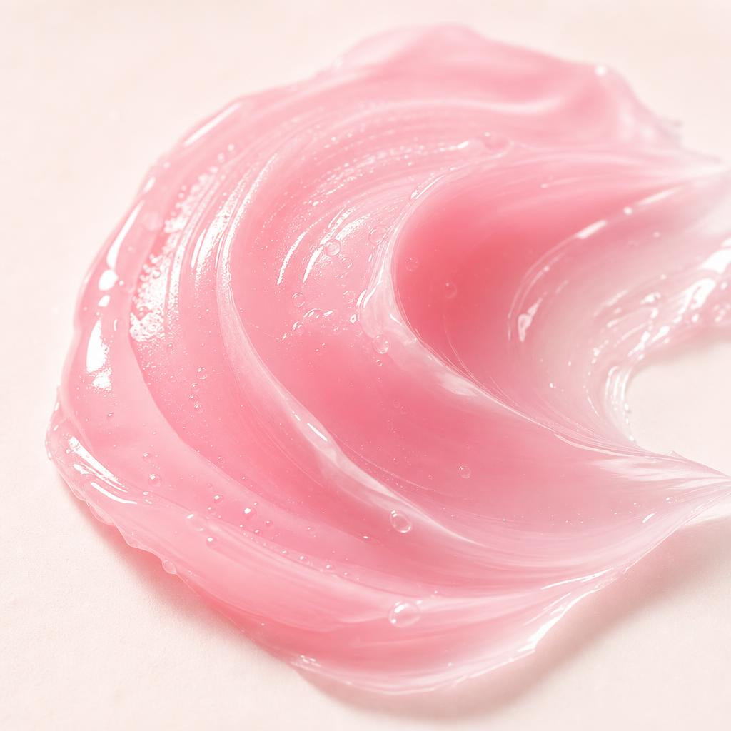 Glossy pink balm texture macro with dewy collagen-like spheres