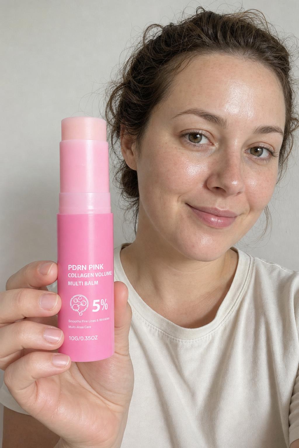 Woman applying the Pink Balm at home, natural light