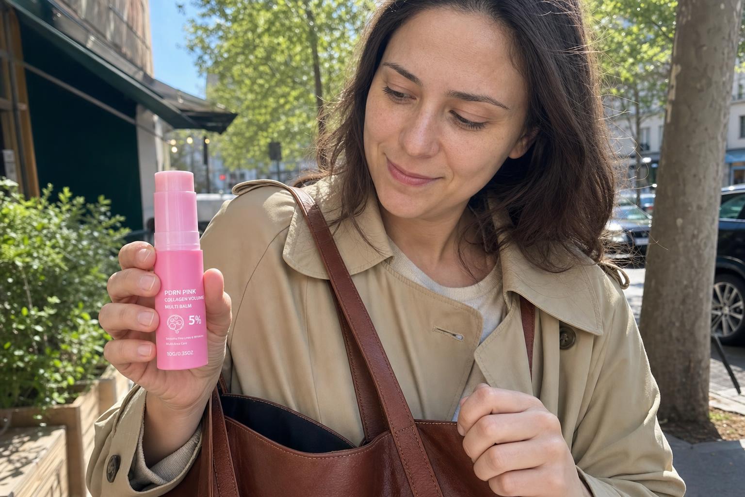 Pink Balm stick peeking out of a tote bag on the street