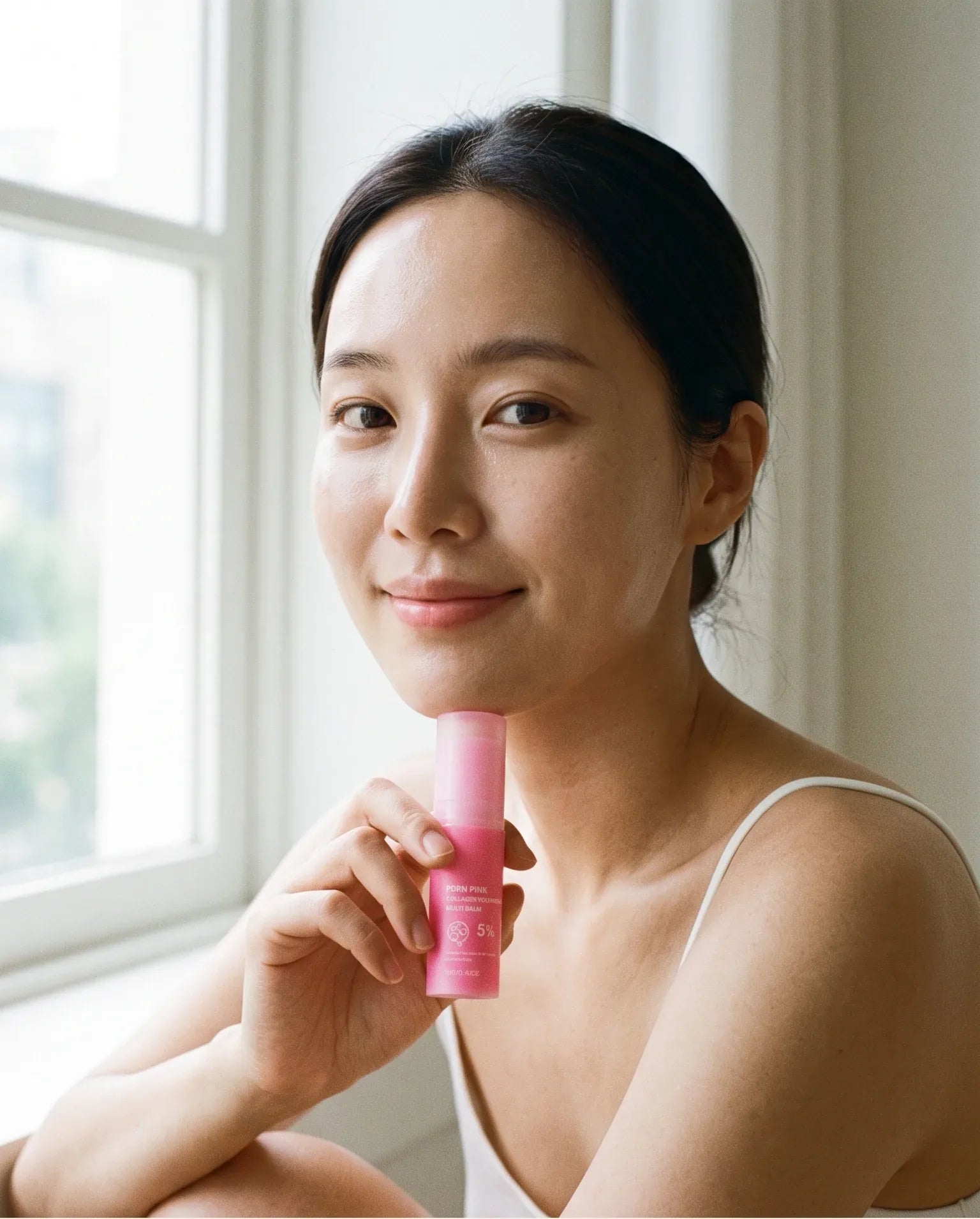 Woman applying the Pink Balm by a window in morning light